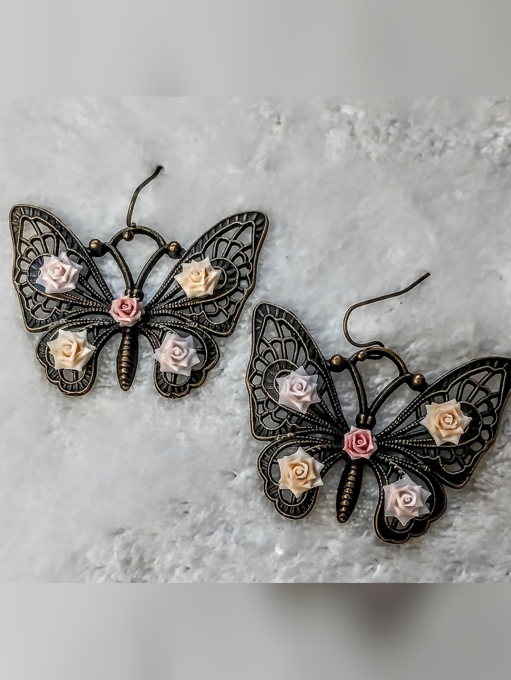 Antique Brass Butterfly Drop Earrings with Pink & Cream Rose Accents